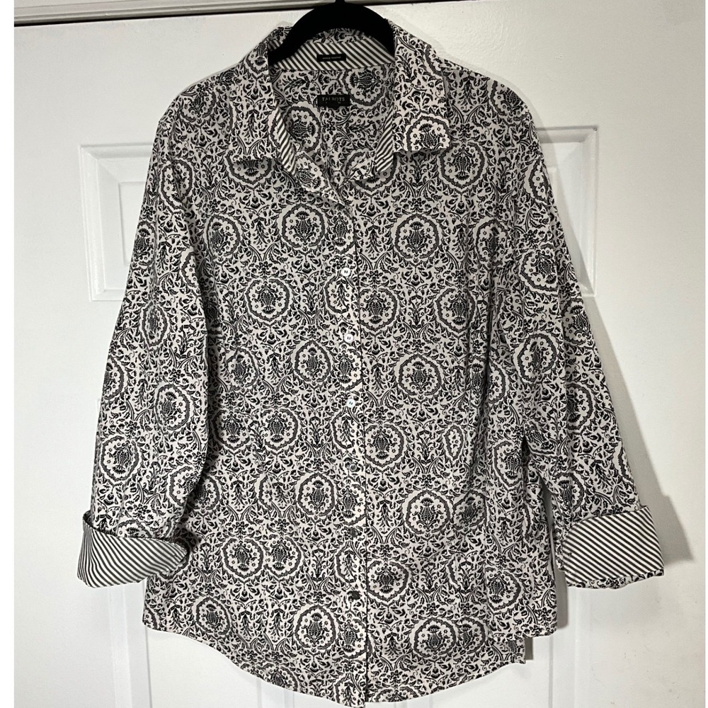 Talbots Black White Damask Button Down Shirt 16WP Wrinkle Resistant Top